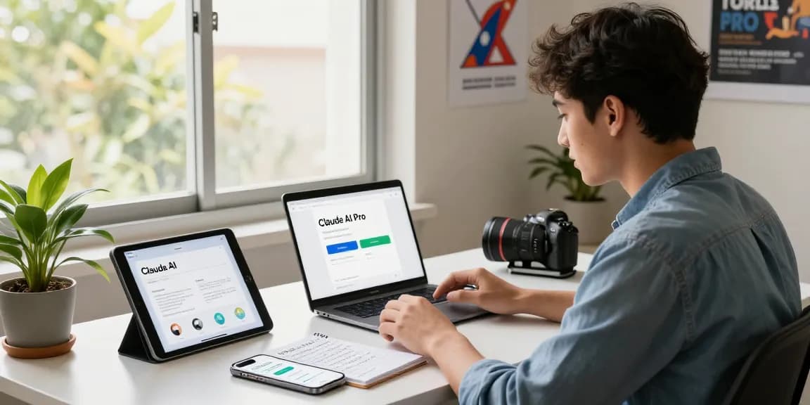 Engaging workspace showing a user ready to buy Claude AI Pro Subscription in Nepal, highlighting a modern desk setup with tech devices.