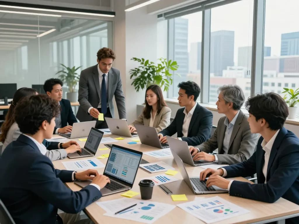 活気あるオフィス環境で戦略的計画と革新に焦点を当てる合同会社SUMXのチームコラボレーション。