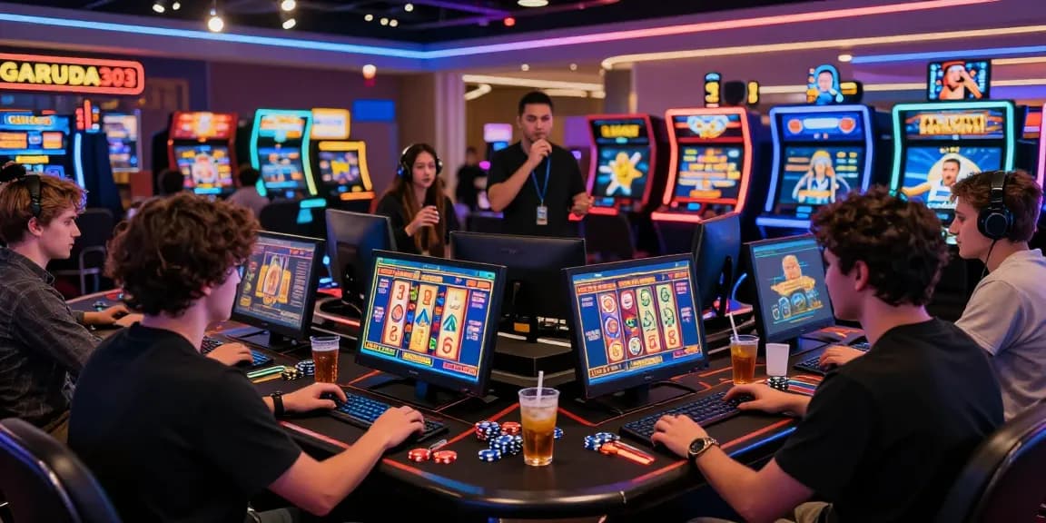 Diverse players enjoying GARUDA303 online gaming at colorful virtual casino.