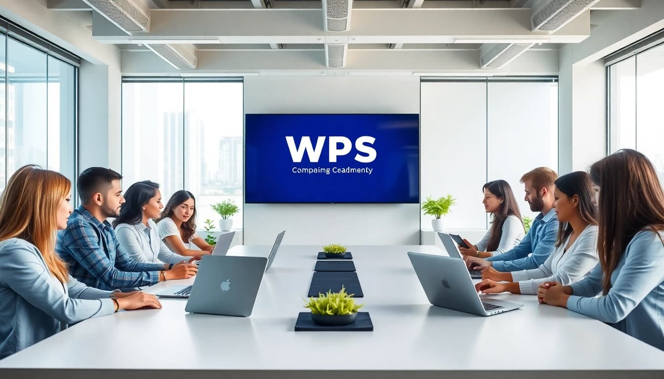Team discussing WPS办公 software in a modern office with bright lighting and technology.