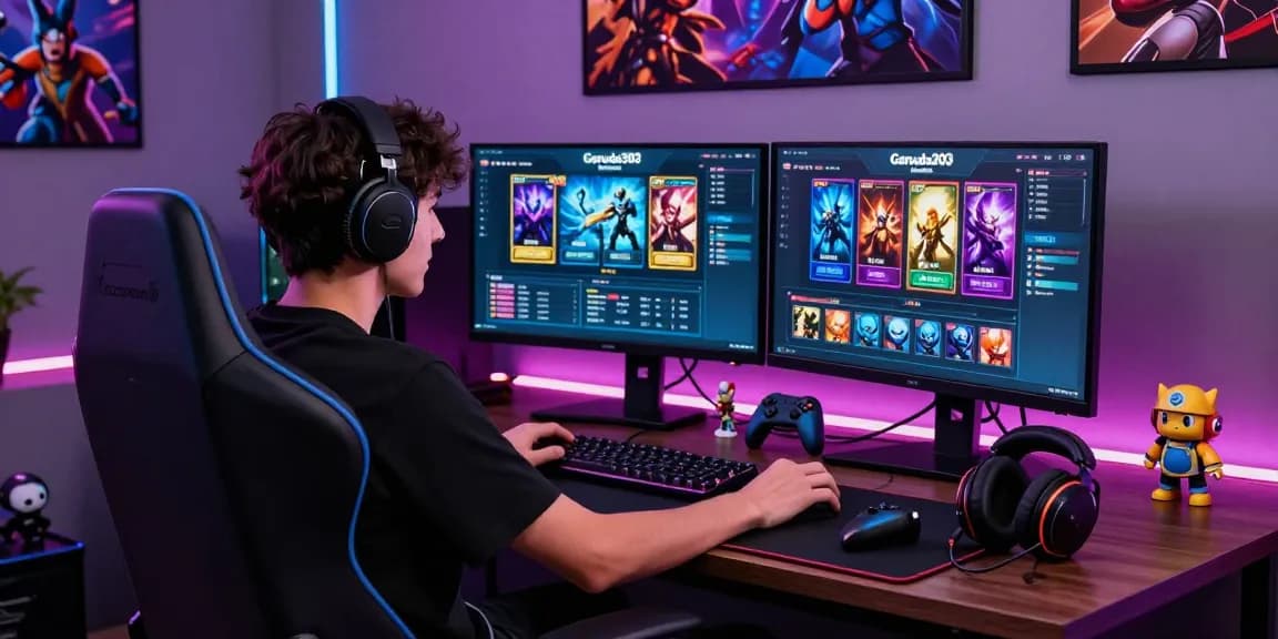 Engaging gamer exploring Garuda303 online gaming platform with vibrant dual monitors and ambient LED lighting.