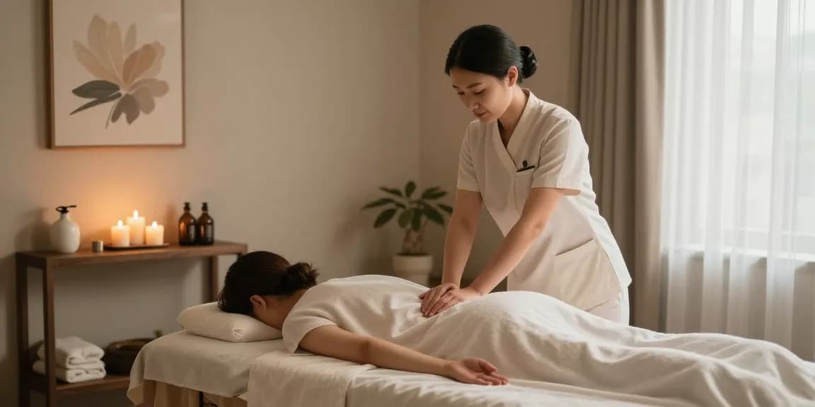 스웨디시 마사지가 진행 중인 고요한 스파 치료실 모습