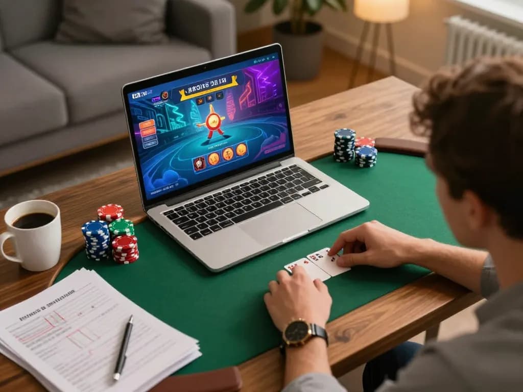 rr88 player enjoying online poker game in a cozy home setting with strategy notes.