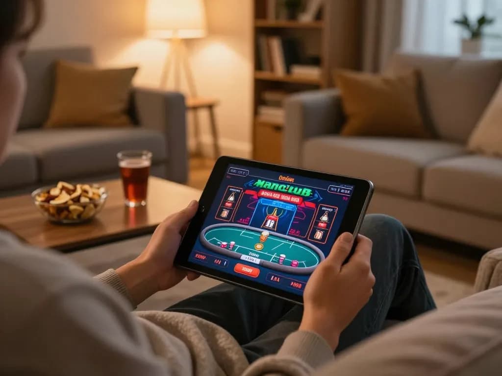 Engaging in online poker at Manclub, capturing the excitement of gaming from home.