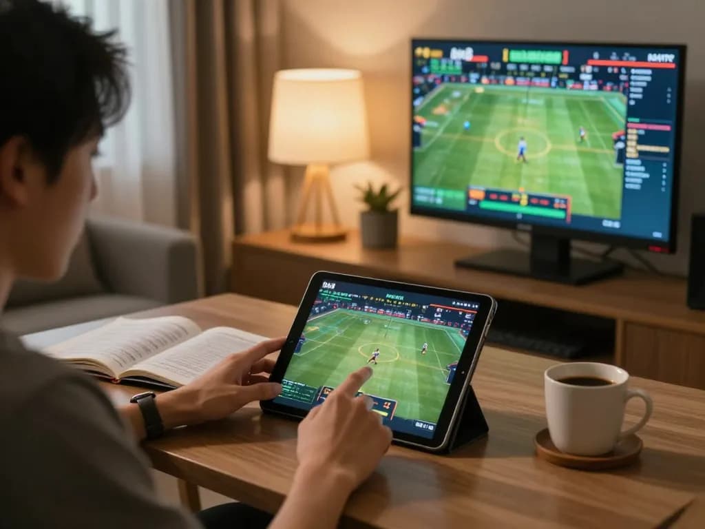 Engaging in sports betting on bk8 with a modern home gaming setup and live match screens.