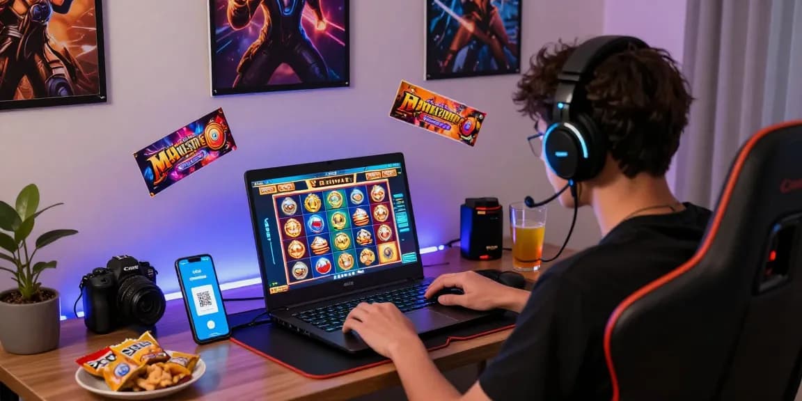 Exciting slot gaming setup showcasing slot depo 1k with colorful graphics and QRIS payment.