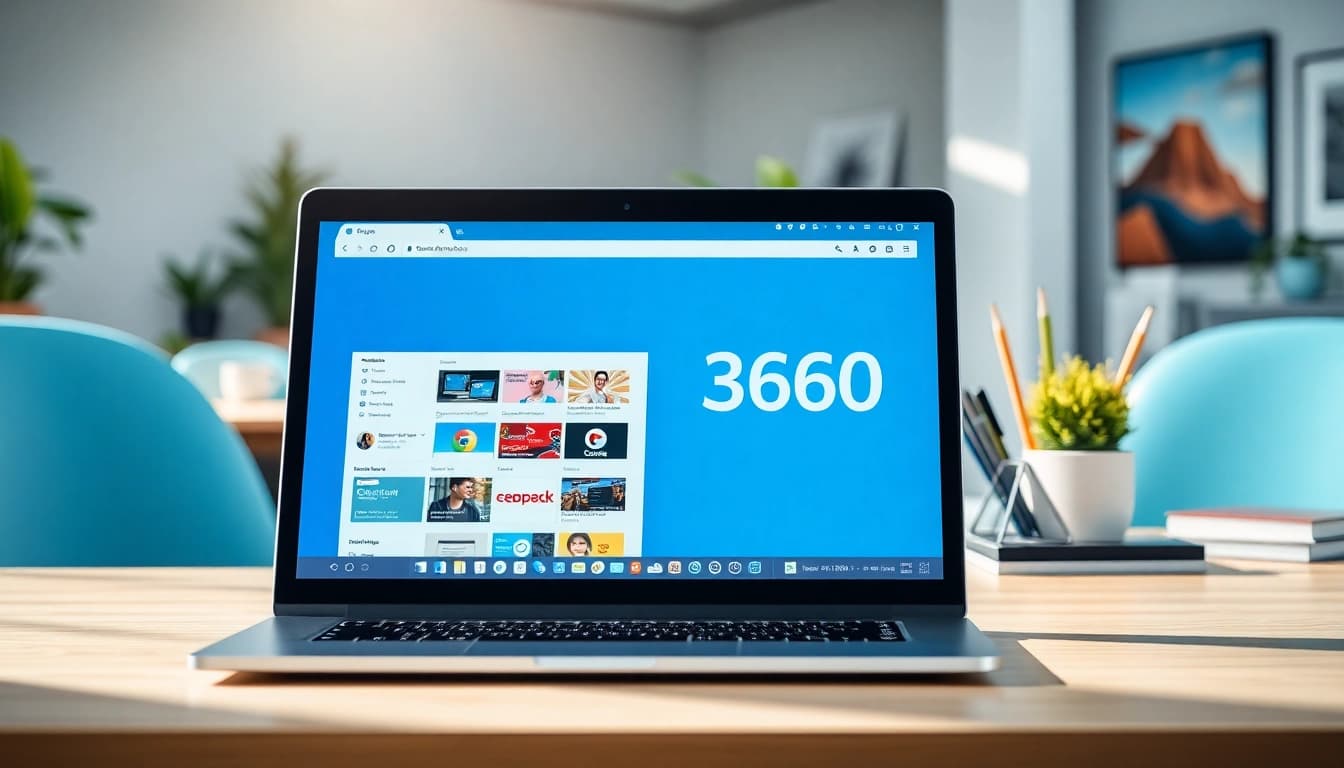 Showcasing 360浏览器 features on a laptop in a bright modern workspace.
