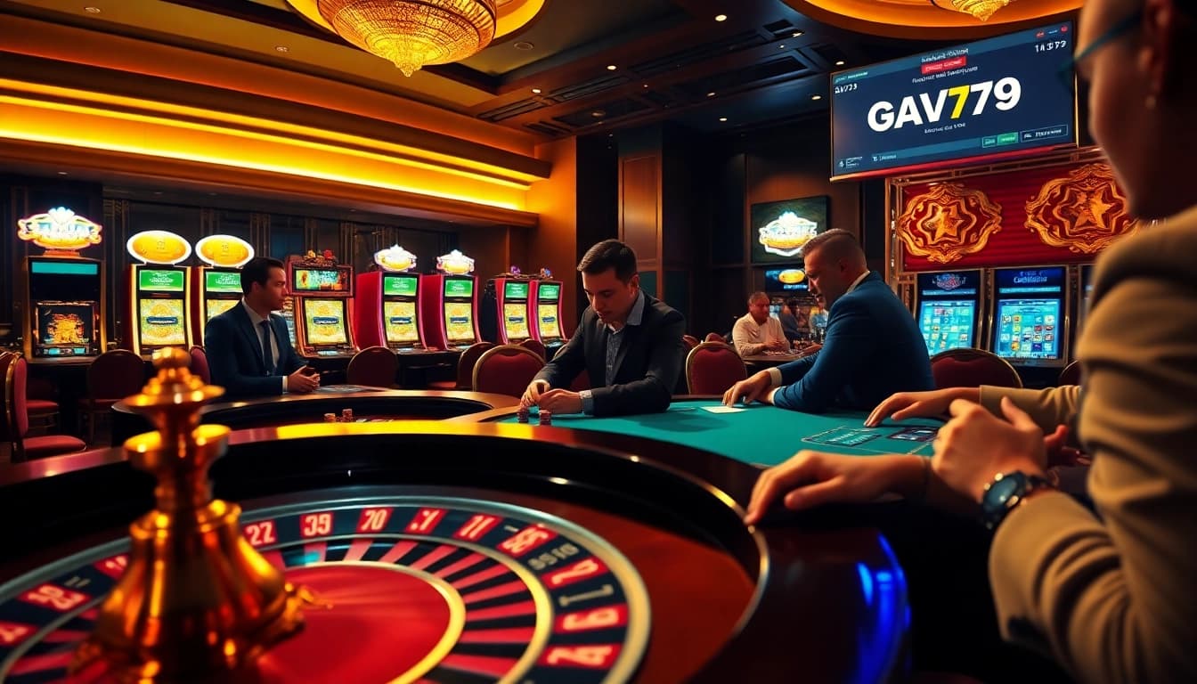 Engaging players at GAVB79 enjoying high-stakes poker and roulette in a luxurious casino environment.