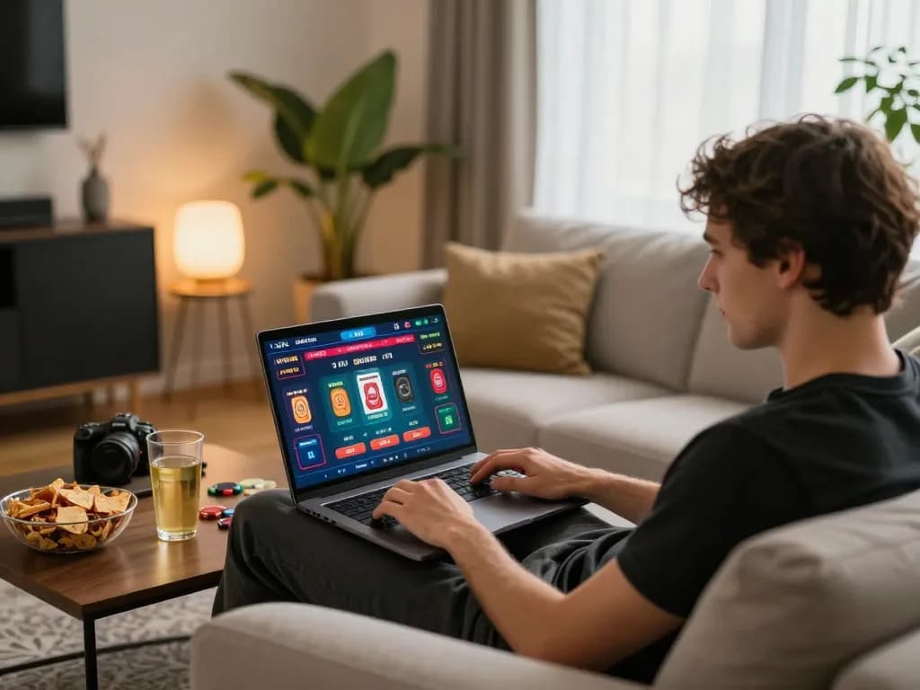 Engaged player using casino app on laptop for more info on winning poker strategies