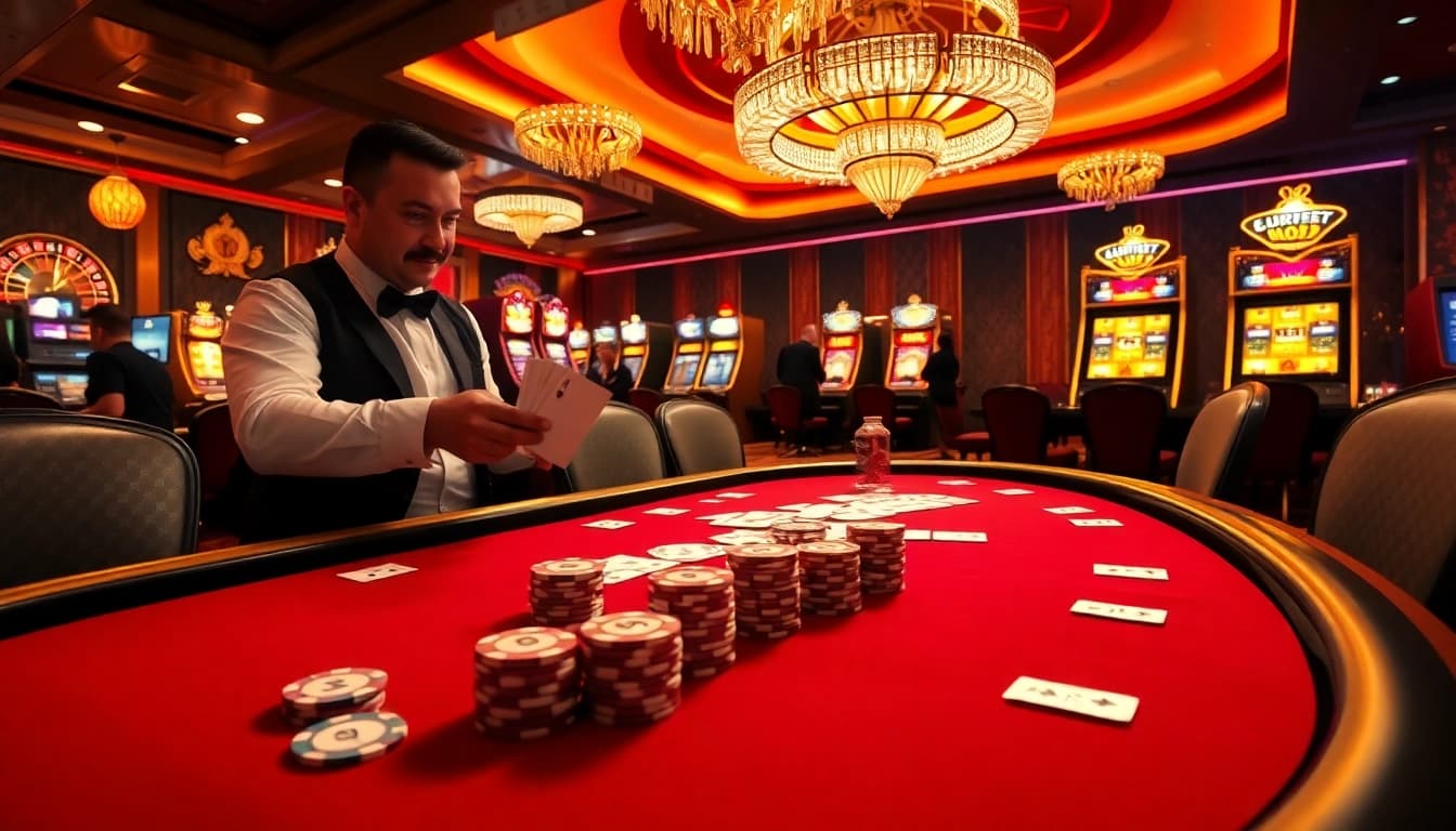 High-stakes poker action showcasing open88 com's thrilling casino atmosphere with vibrant lights.