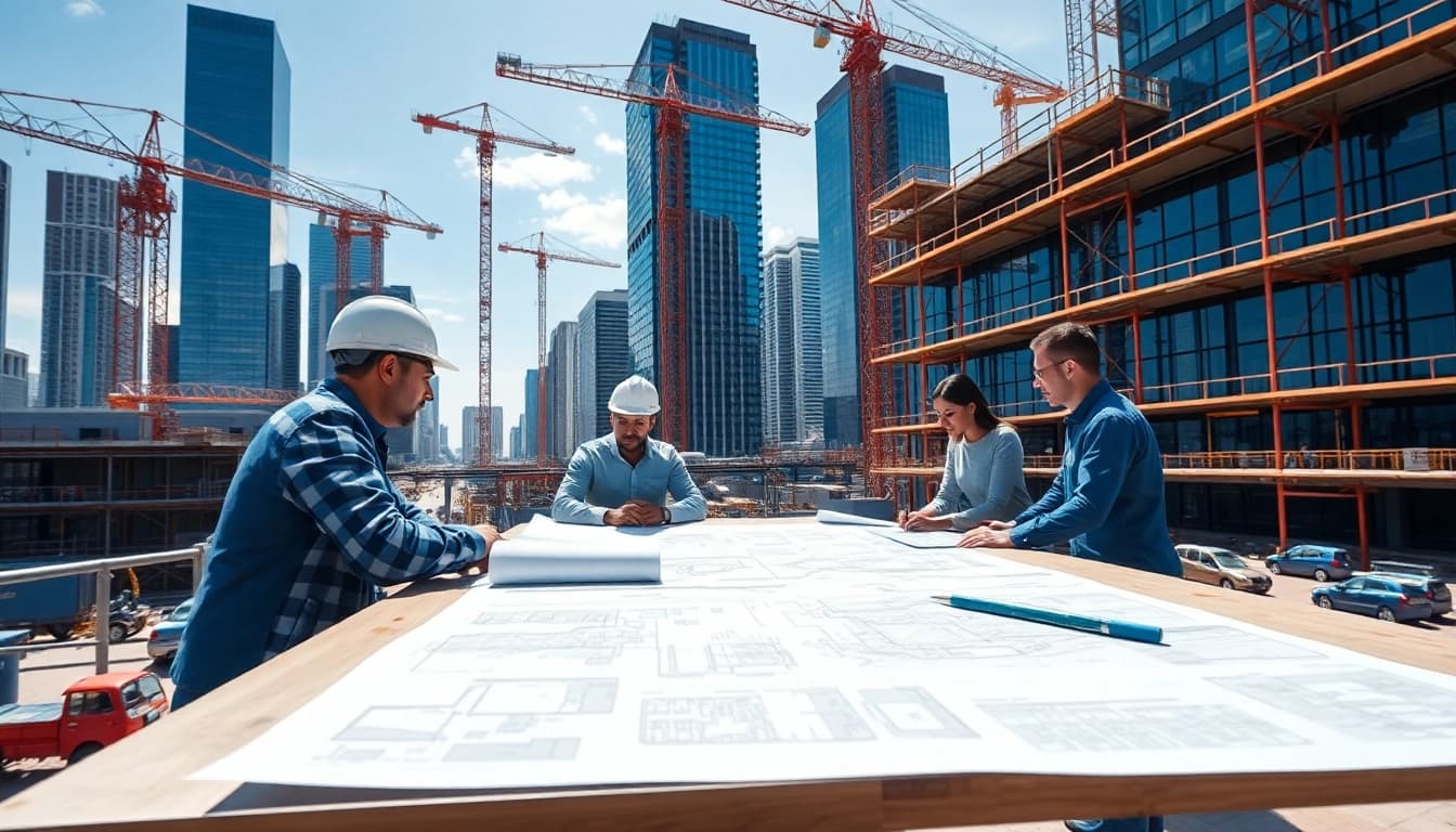 Building developer team collaborating over blueprints at a bustling construction site.
