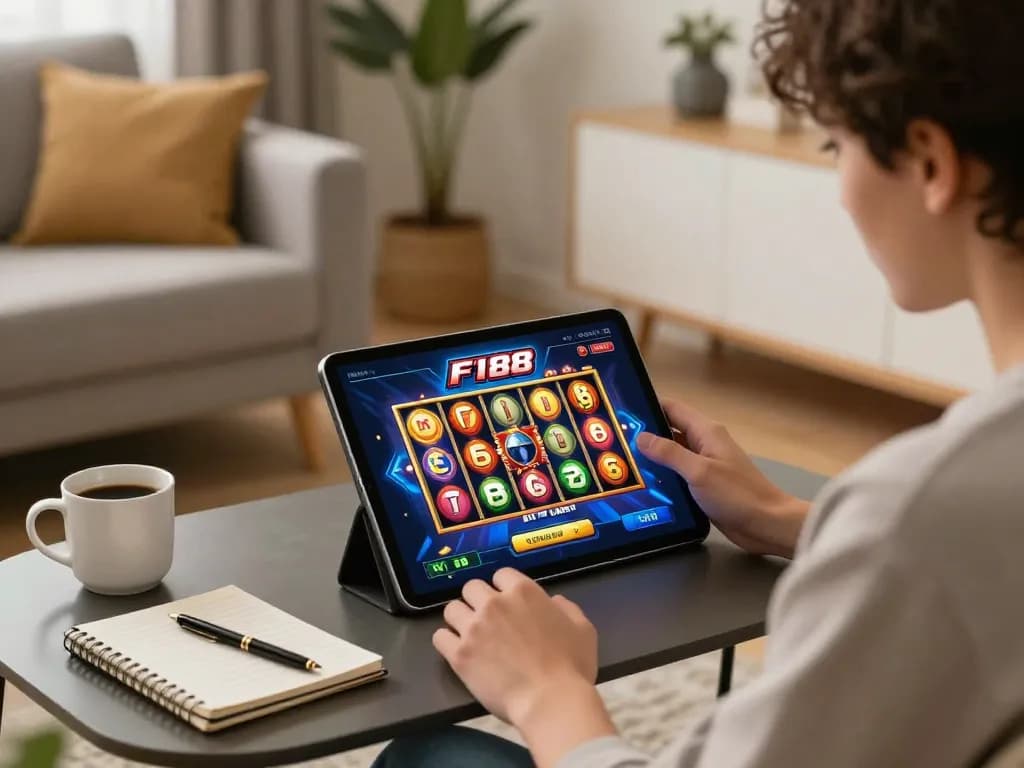 Player using F168 đăng nhập on a tablet for strategic gambling in a cozy home setting.