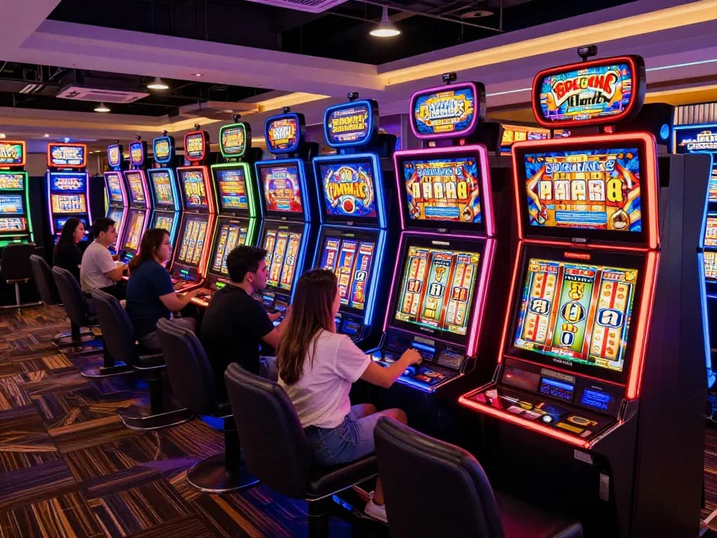 Players celebrate wins at vibrant slot gacor machines in a lively casino atmosphere.