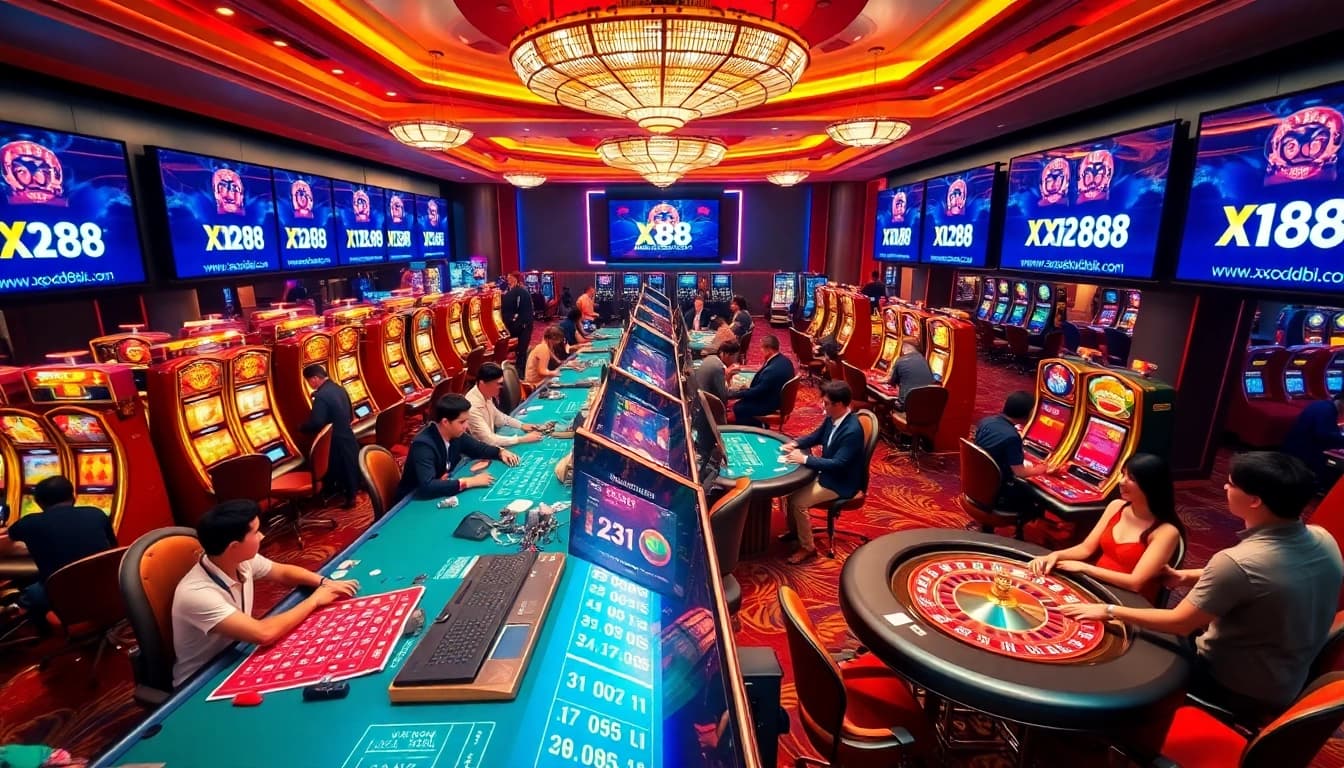 Gamblers enjoying an exciting casino experience at https://xx88.pizza/, celebrating wins at poker and roulette tables.