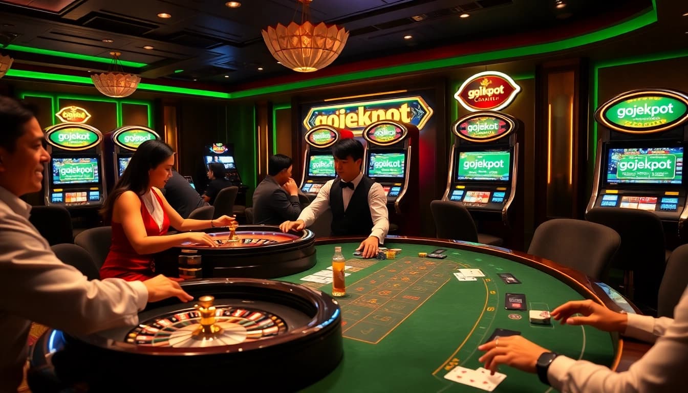 Exciting casino gaming scene featuring 'gojekpot' elements with poker chips and vibrant slot machines.