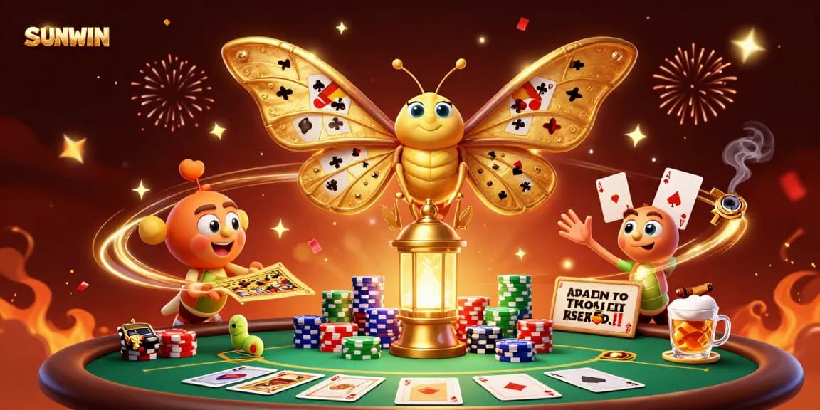 SUNWIN casino scene featuring a golden moth with card suit wings, poker elements, and celebratory effects.