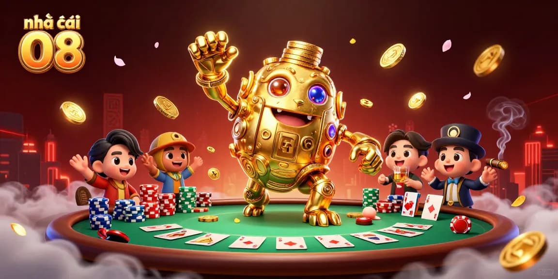 Engage with Nhà cái O8's thrilling poker experience featuring a golden coin golem, chips, and vibrant atmosphere.