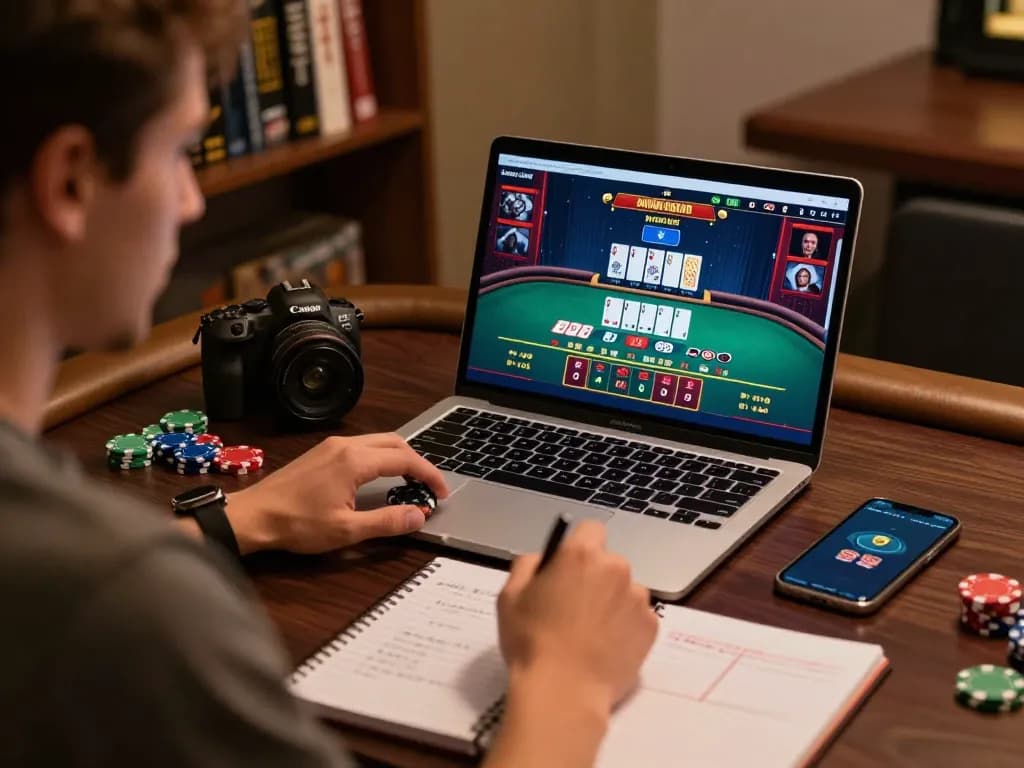 Engaging user plays blackjack at 789win online casino, surrounded by strategic notes and gaming tools.