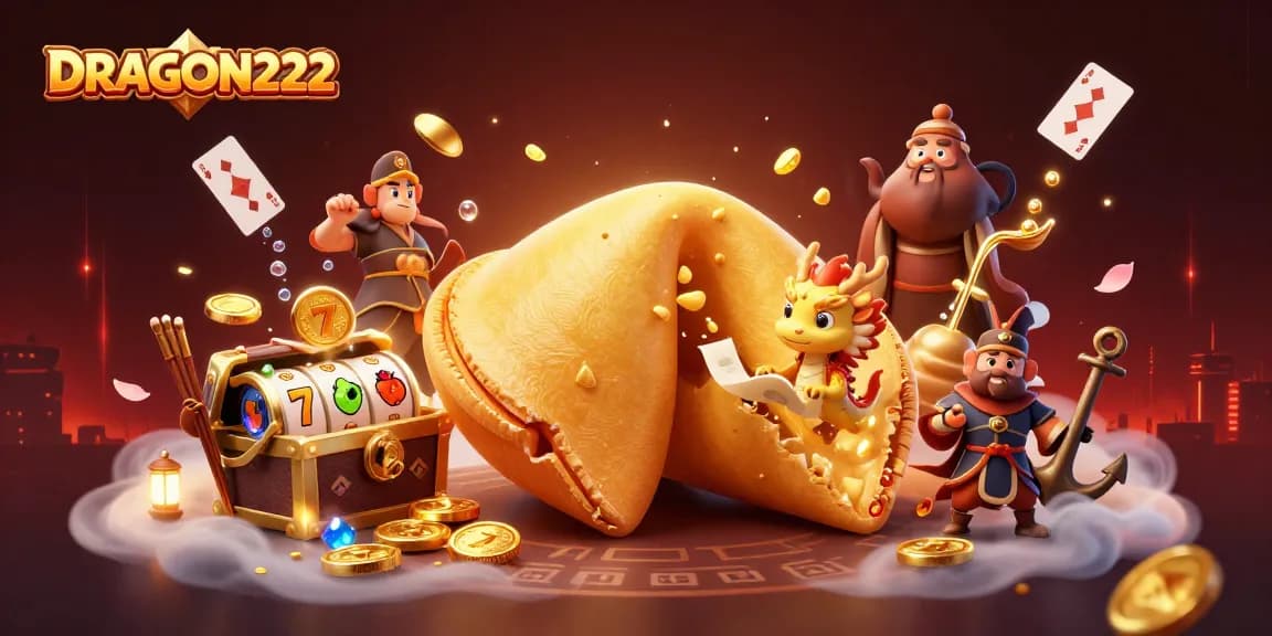 Engage in winning strategies with DRAGON222 as a wise dragon reads fortunes amidst vibrant casino elements.