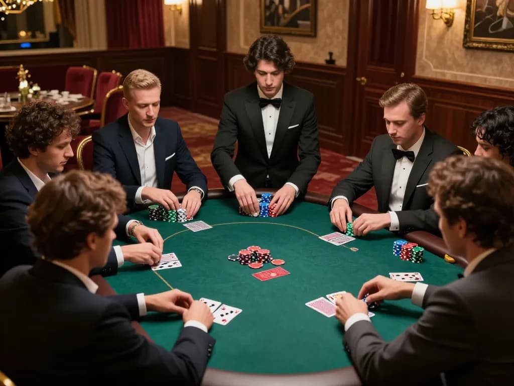33CC poker players strategizing over high-stakes hands in a luxurious casino setting.