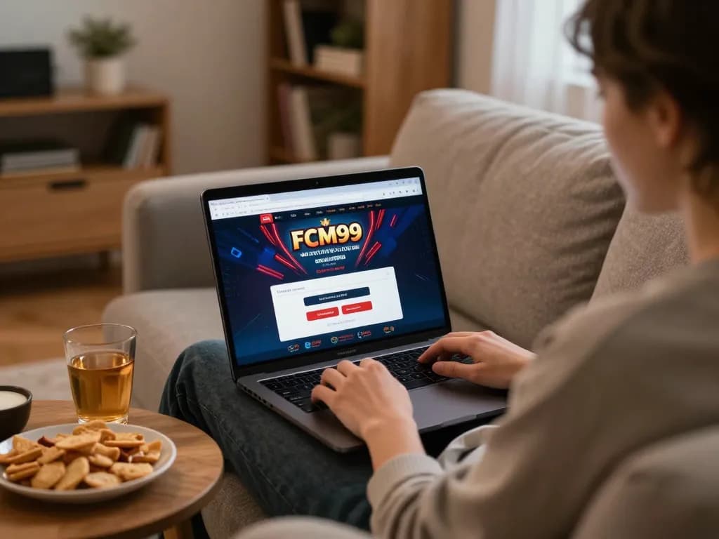 Accessing FCM99 login while enjoying a cozy home gaming experience with snacks and drinks.
