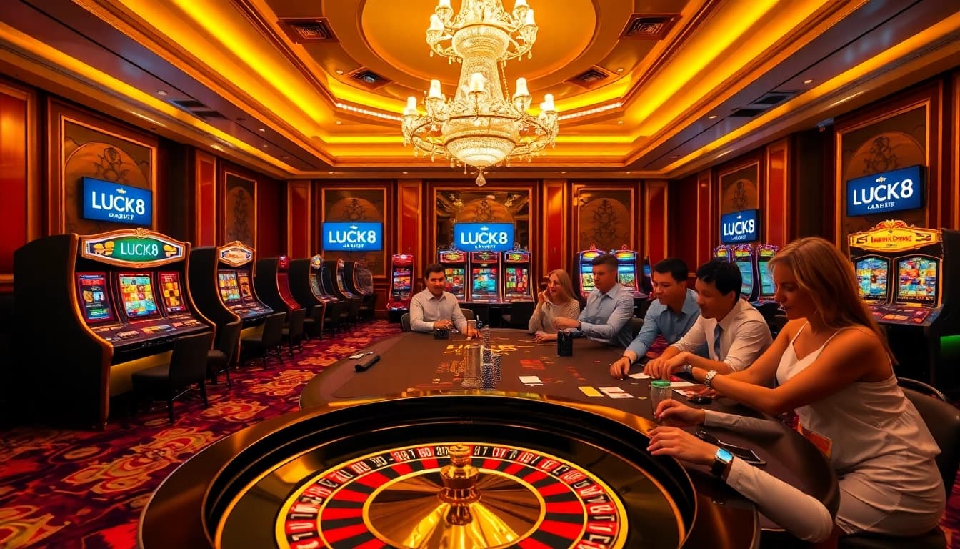 LUCK8 players celebrating a winning moment at a luxury casino table.