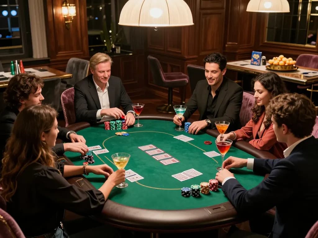 Pemain Bintangmpo menikmati malam permainan poker yang ramai dengan minuman dan chip di meja yang elegan.