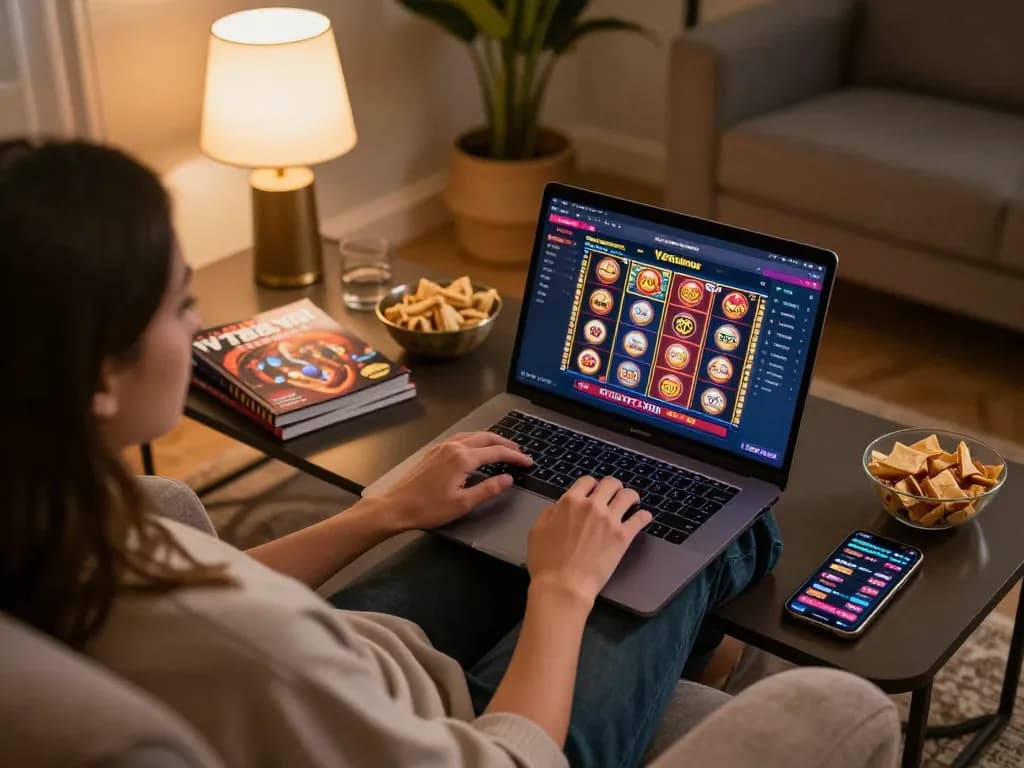 Experience exciting online casino gameplay on vt88 with a vibrant gaming setup featuring a laptop and strategy guides.