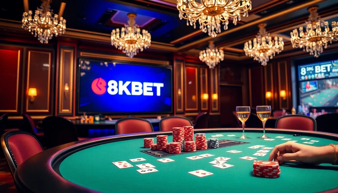Experience thrilling gaming at 8KBET with vibrant poker chips and cards on a sleek table.