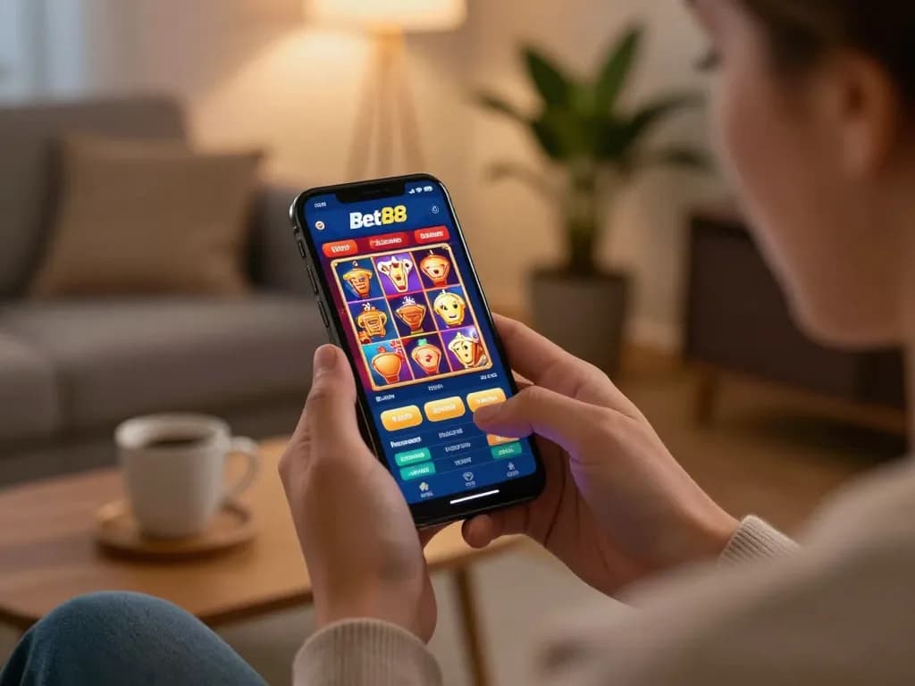 Engaged player using the Bet88 app for online gambling while enjoying a cozy evening at home.