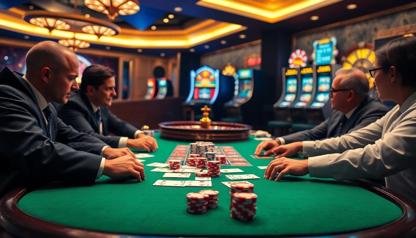 High-stakes poker players at a luxurious casino table showcasing co88 excitement.