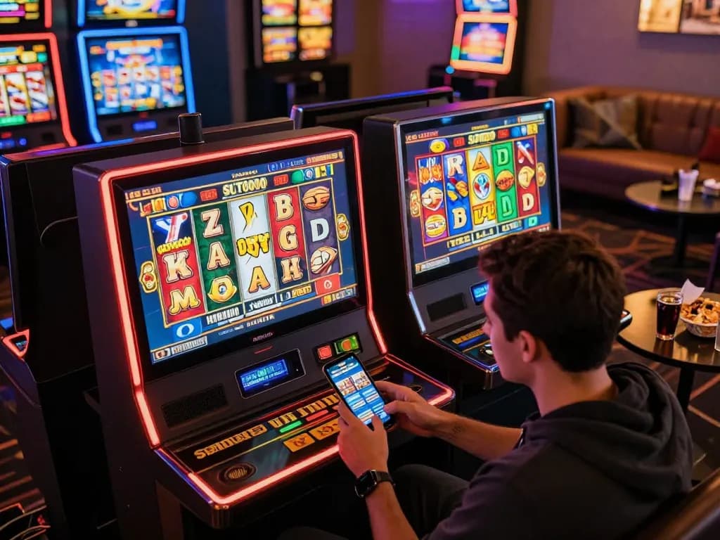 Engaged player experiencing thrilling SLOT6000 online gaming session at home with vibrant digital slot machines.