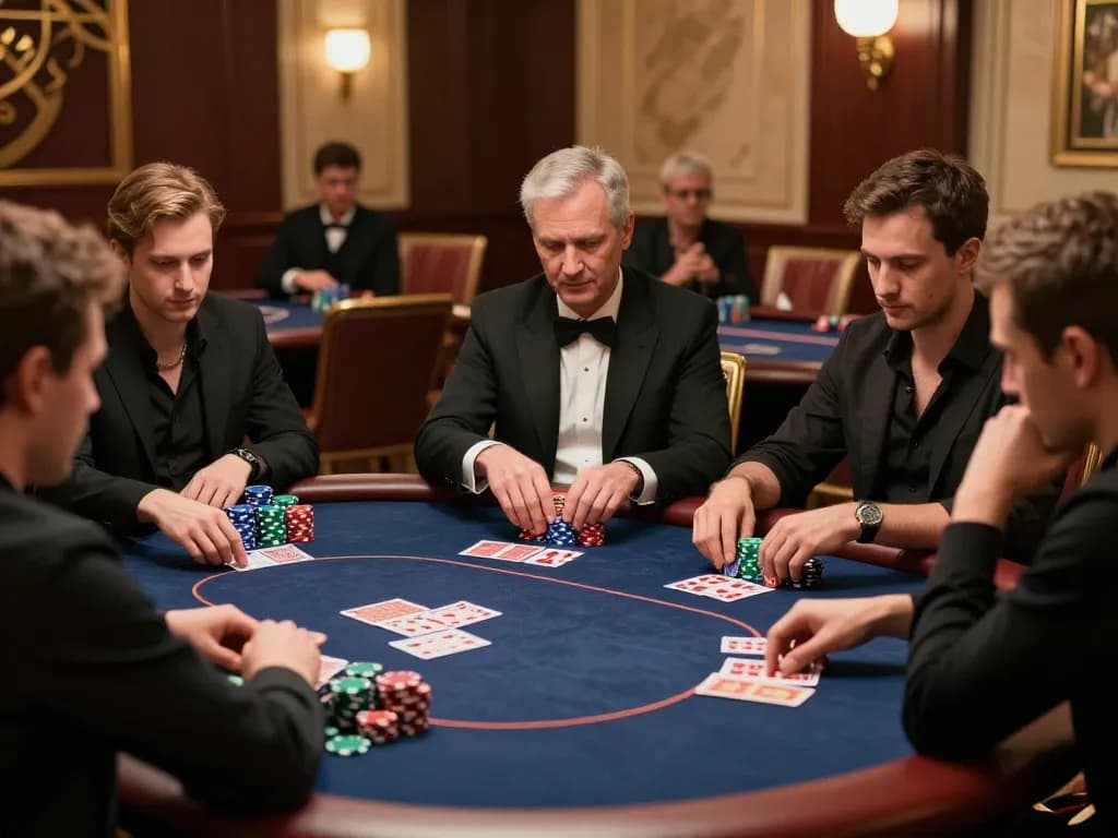 Players strategizing at a high-stakes poker table in 888vi casino, showcasing intense gameplay.