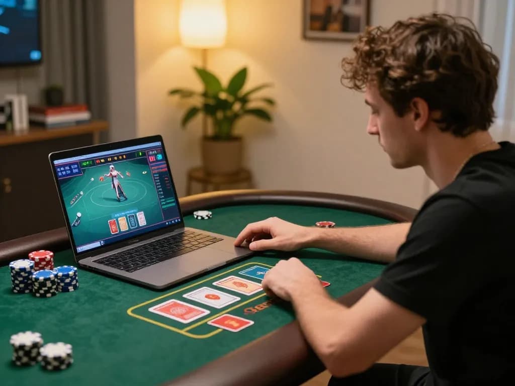 Player engaging in dn88 online casino gaming at home with live dealer table displayed, showcasing excitement and strategy