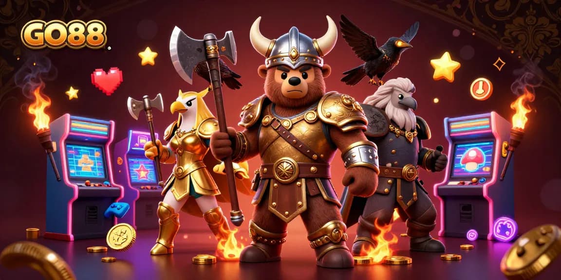 GO88 platform showcases thrilling gaming experiences with a 3D Viking bear and Valkyrie eagle amidst vibrant casino elements.
