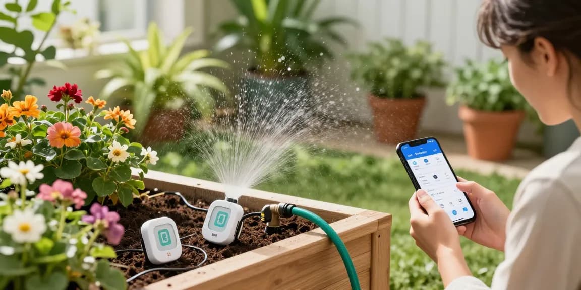 Using rainpoint wifi water timer for efficient plant watering in a vibrant home garden.
