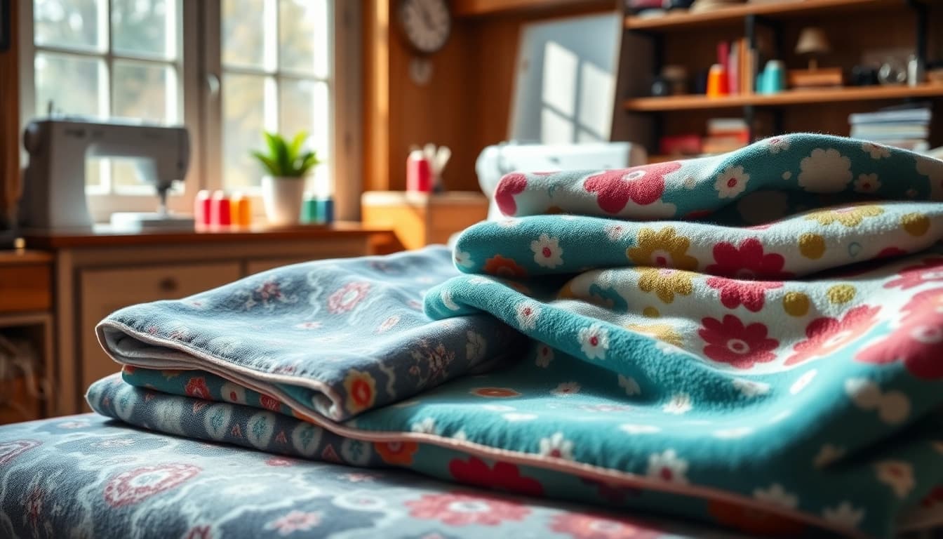 Bekijk gedessineerde fleece stoffen in een gezellige naai studio met natuurlijk licht.