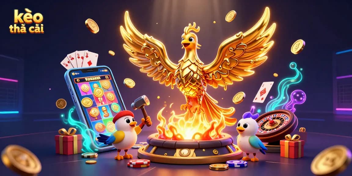 Dynamic kèo nhà cái scene showcasing rich casino elements with a golden phoenix and gaming items.