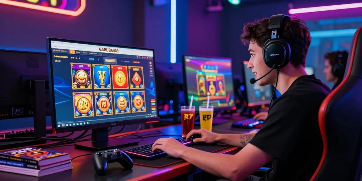 Player engaging with GARUDA303 online slots, surrounded by vibrant gaming graphics and equipment.