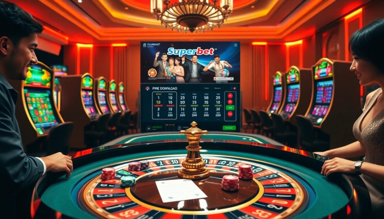 Experience the thrill of gambling with Superbet Download amidst a vibrant casino atmosphere.