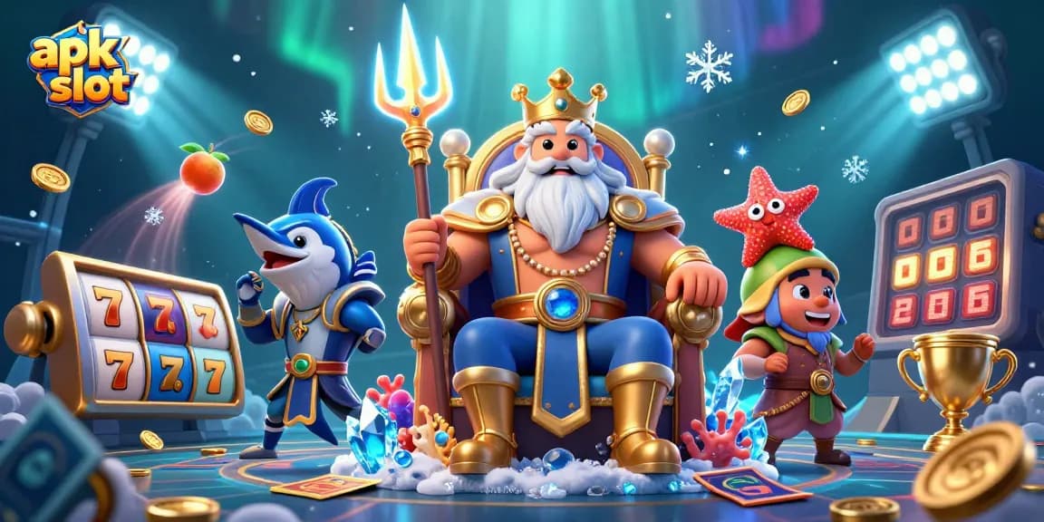Mainkan apk slot dengan tampilan gulungan slot dan jackpot disertai karakter raja laut dan samurai ikan.