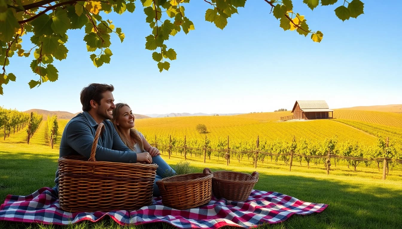 Enjoying a serene picnic in Clarksburg ca with scenic vineyards in the background.