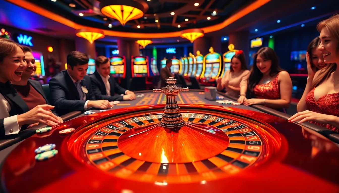 Experience the excitement of kg88 at a luxurious casino roulette table with vibrant colors and eager players.