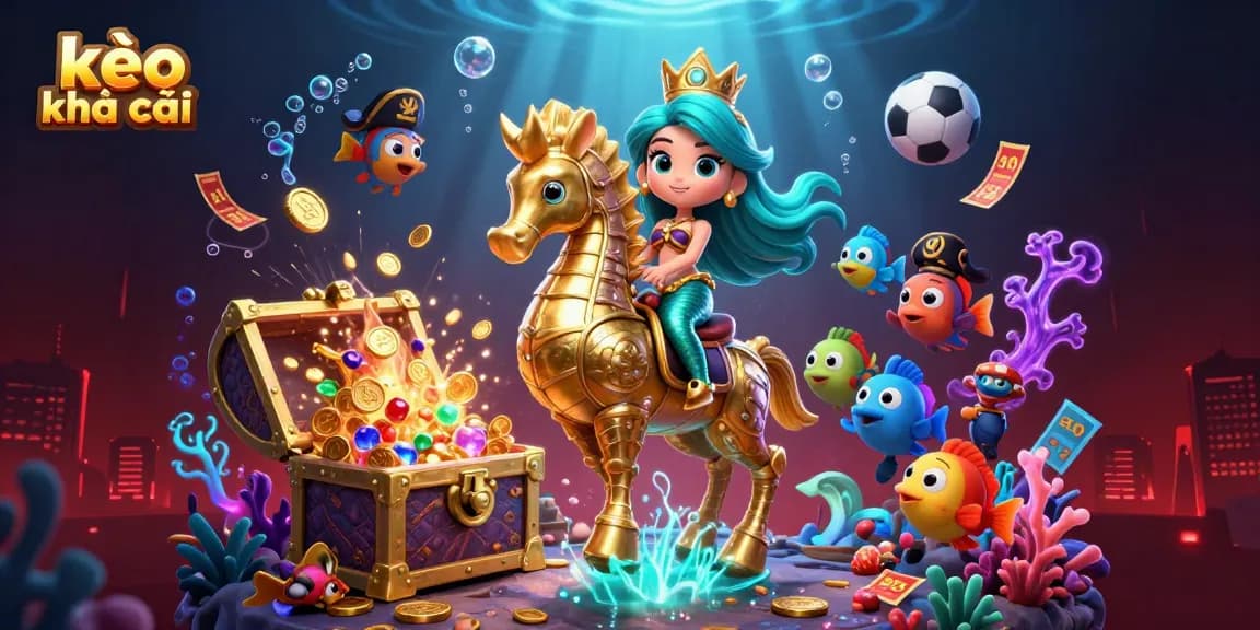 Place bets using kèo nhà cái while enjoying vibrant underwater adventures in this lively illustration.