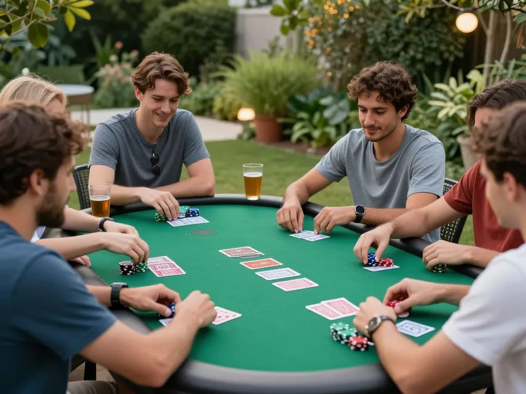 Players enjoying poker at outdoor table, showcasing kp88's friendly atmosphere for new gamblers.