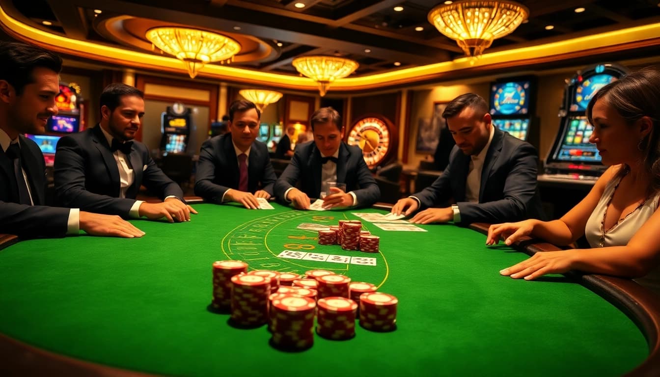 Exciting casino atmosphere with a blackjack table showcasing players enjoying the game S 8.