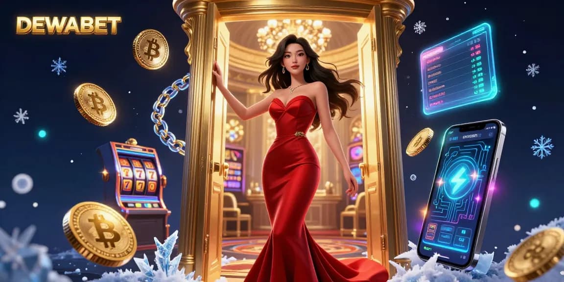 Experience thrilling gameplay with DEWABET, a dynamic casino scene featuring vibrant slot reels and neon coins.