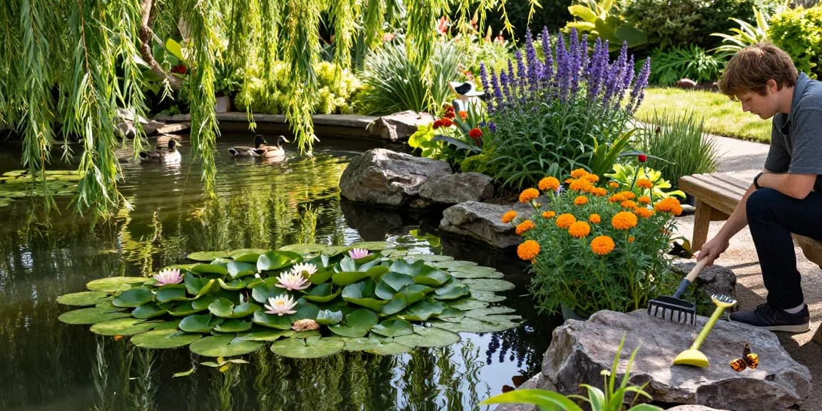 British Pond Plants thriving in a serene garden pond, with vibrant lilies and peaceful surroundings.
