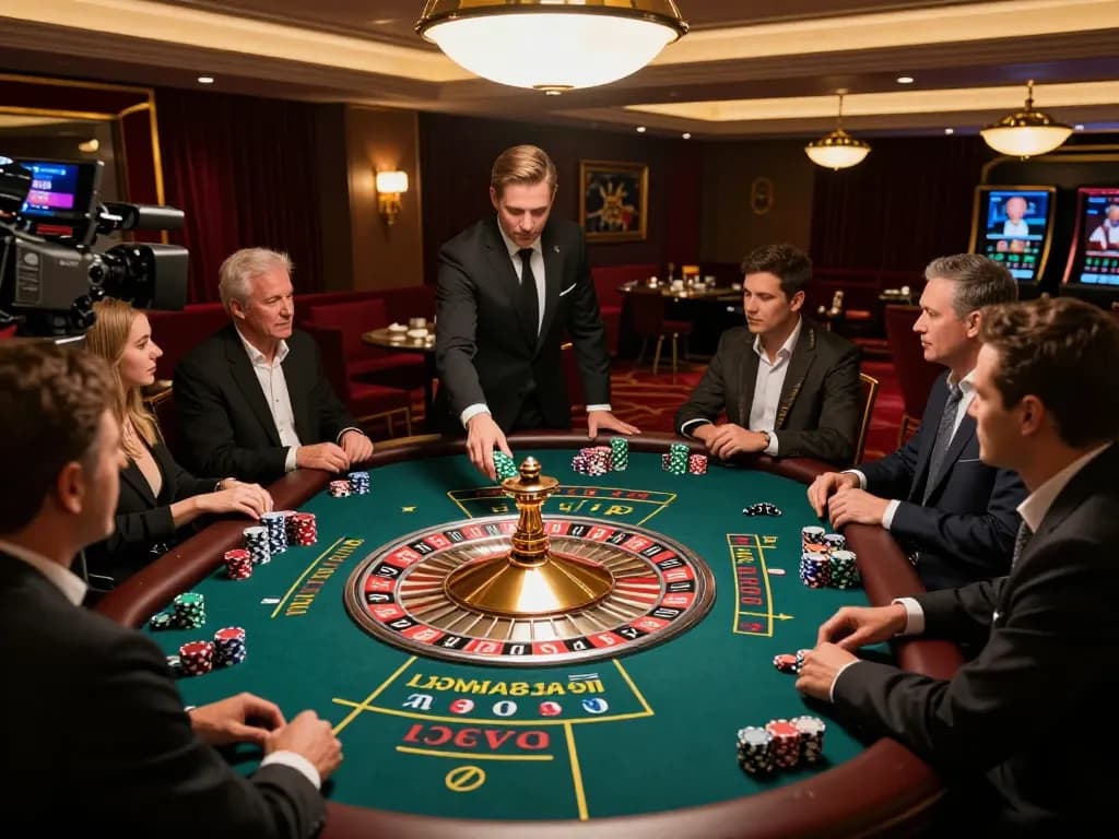 Dabet roulette players engaged as croupier spins the wheel in a luxurious casino setting.