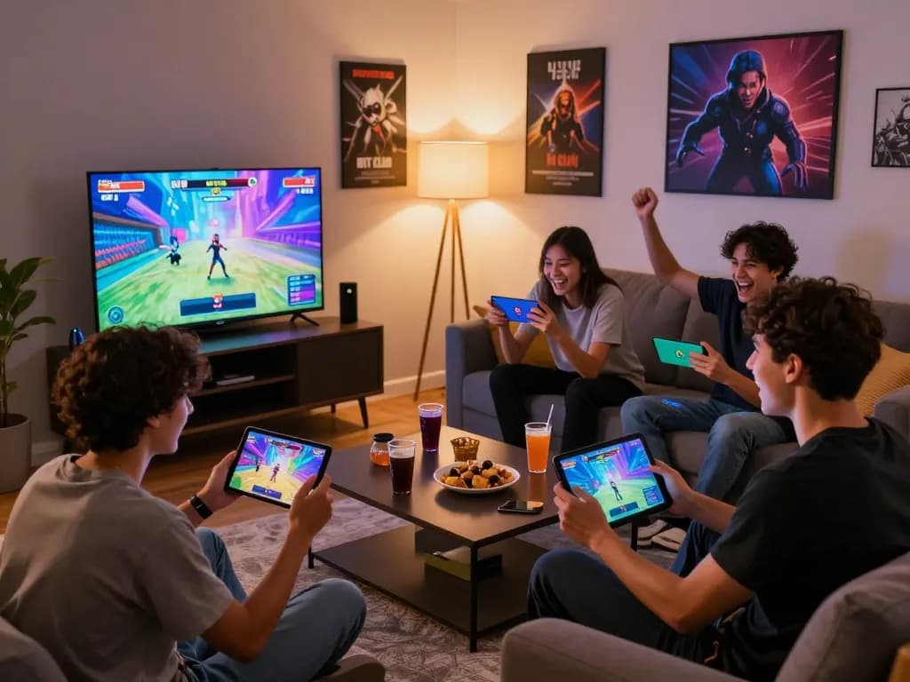 Friends enjoying gaming at home with https://hitclub9.us.com/ on their devices, vibrant environment.